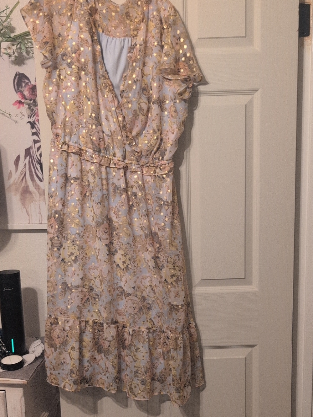LC Lauren Conrad Blue Floral Midi Dress with Gold Accents XL